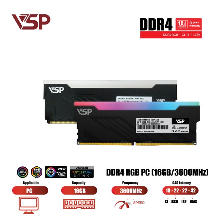Ram PC VSP LED RGB DDR4 RGB 16GB - 3600MHz - Đen
