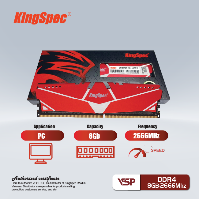 Ram PC KingSpec DDR4 8Gb - 2666MHz