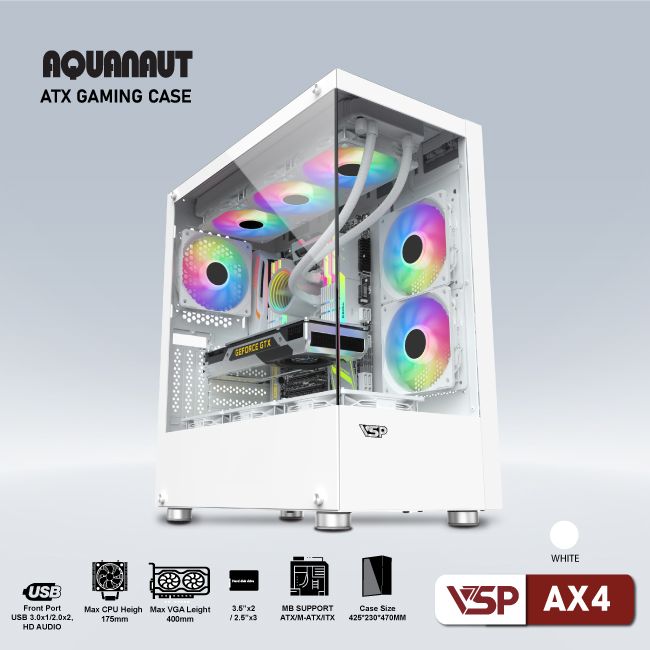 Vỏ Case Máy Tính Gaming Aquanaut AX4 2 mặt kính - Trắng