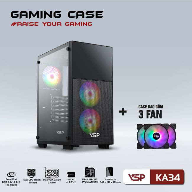 Vỏ Case Máy Tính Gaming KA34 + Kèm 3 fan