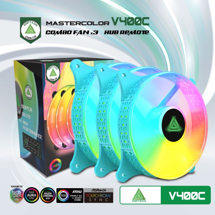 Combo quạt tản nhiệt + Hub  VSPTECH LED RGB V400C x3 fan - Xanh