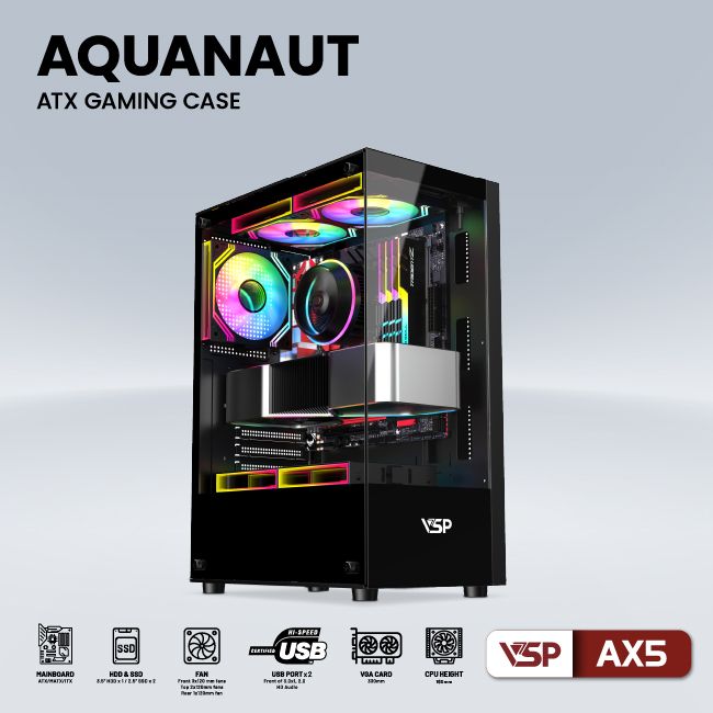 VỎ CASE MÁY TÍNH GAMING AQUANAUT AX5 2 MẶT KÍNH - ĐEN