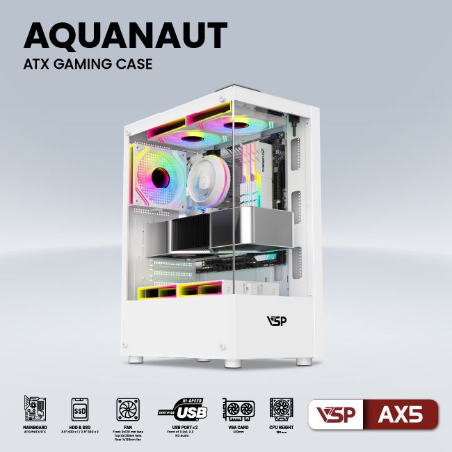 VỎ CASE MÁY TÍNH GAMING AQUANAUT AX5 2 MẶT KÍNH - TRẮNG