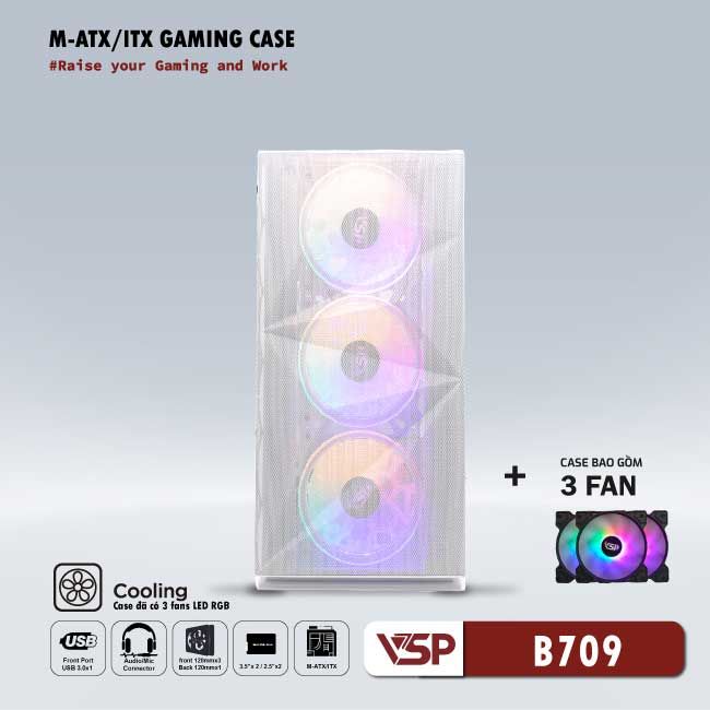 Vỏ Case Máy Tính VSP Gaming Mid Tower B709 - Trắng + 3 Fans Led