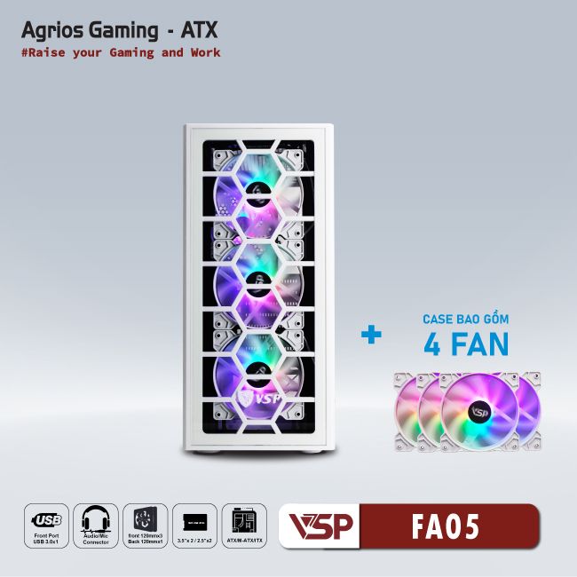 Vỏ Case Máy Tính VSP Gaming FA05 - Trắng + 4Fans Led 