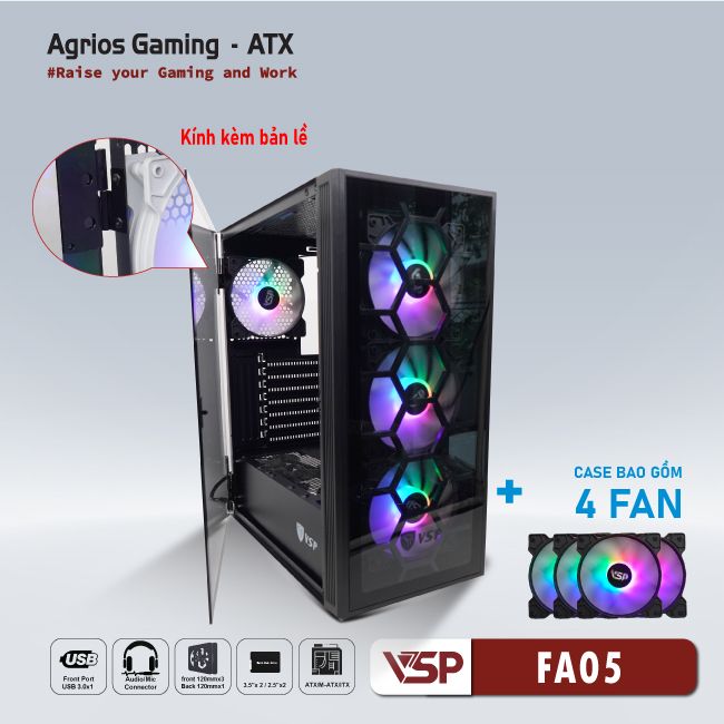 Vỏ Case Máy Tính VSP Gaming FA05 - Đen + 4Fans Led 