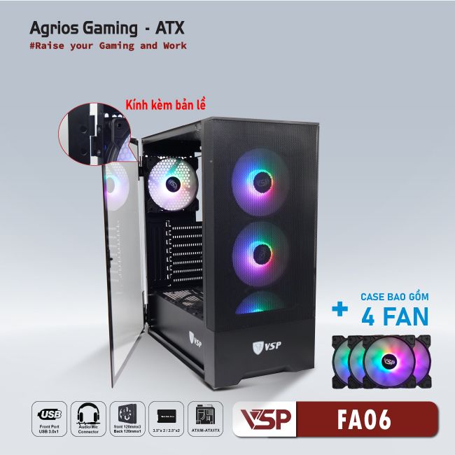 Vỏ Case Máy Tính VSP Gaming FA06- Đen + 4Fans Led 