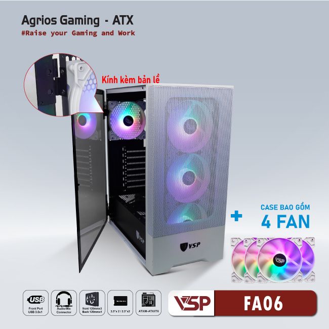 Vỏ Case Máy Tính VSP Gaming FA06- Trắng + 4Fans Led