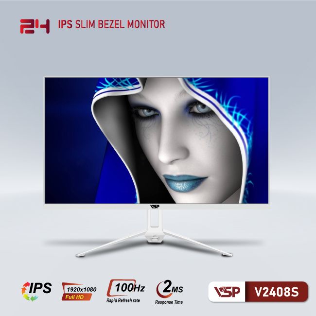 Màn hình phẳng LED mỏng tràn viền VSP V2408S - 100Hz - Trắng