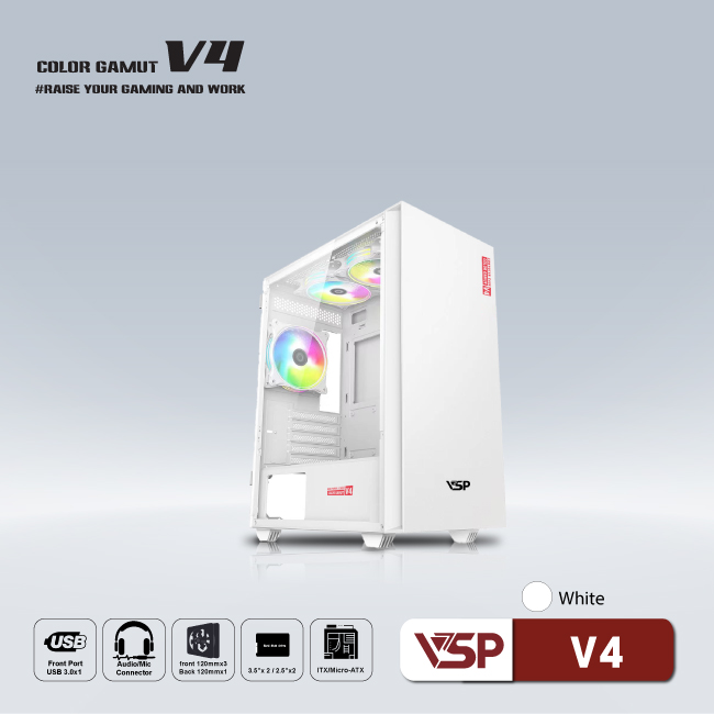 Vỏ Case máy tính VSP V4 - Trắng Hồng Xanh 