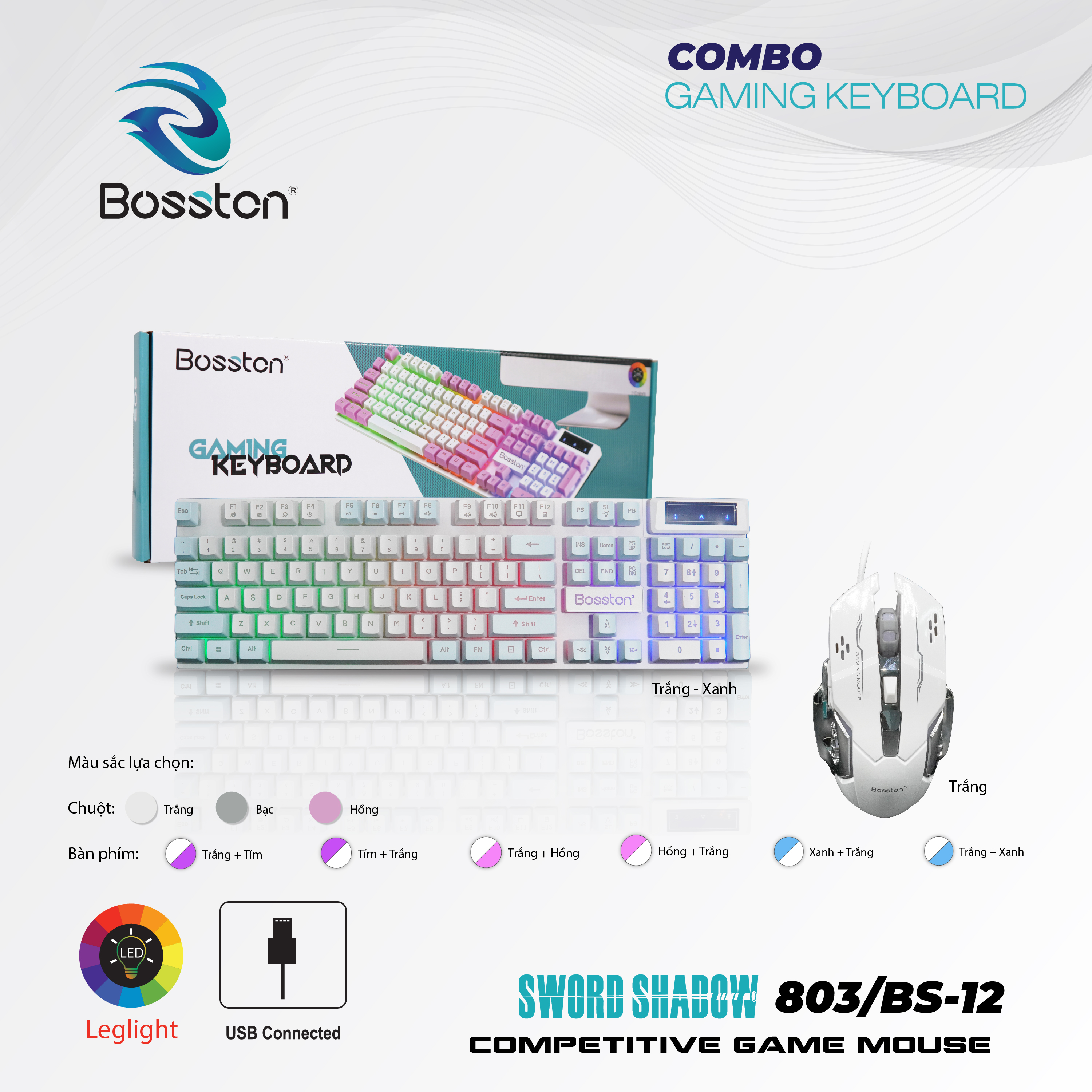 Combo bàn Phím Giả Cơ Bosston 803 + Mouse Gaming BS12 Ledlight Trắng - Xanh