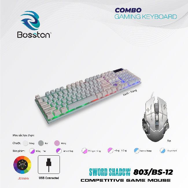 Combo bàn phím giả cơ Bosston 803 + Chuột gaming BS12 đèn Led| Xanh-Trắng 